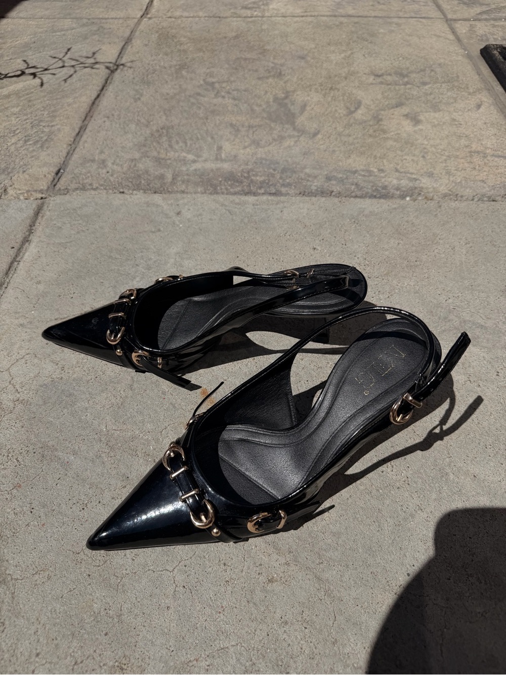 Black Patent Pointed Toe Slingback Heels Gold Buckle Straps Size 8